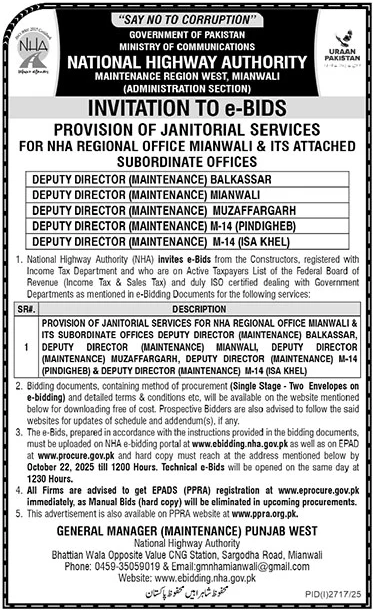National Highway Authority Mianwali Tender Notice
